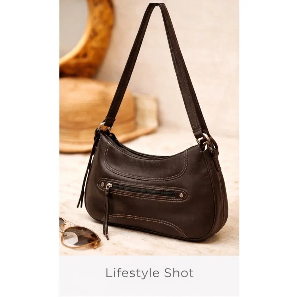 Stone Mountain Womens Crescent‎ Hobo Shoulder Bag Brown Leather Fringe Accents